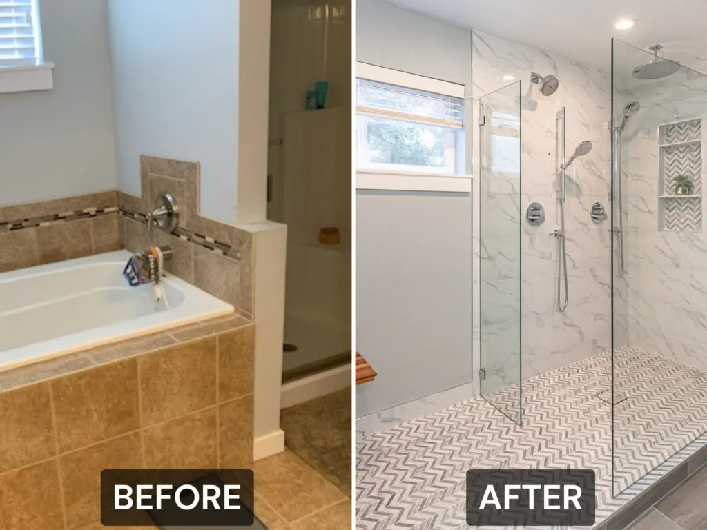 Side-by-side comparison of a bathroom before and after renovation in Bellevue, showing a tub and small shower replaced by a large walk-in glass shower with updated interior design.
