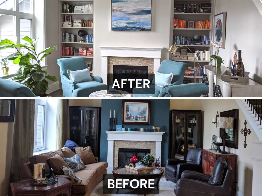 Two photos of the same living room highlight a stunning interior design transformation in Bellevue: dark furniture becomes light chairs, fresh art, and reorganized bookshelves for a brighter, updated space.