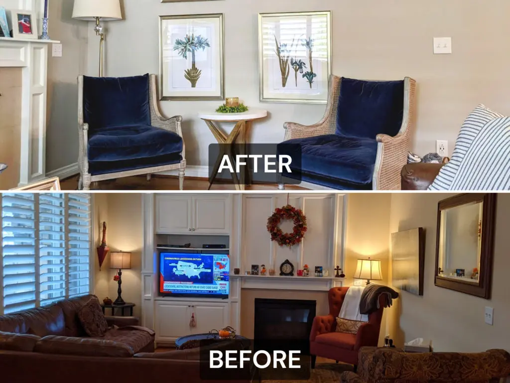 Side-by-side comparison of a living room in Issaquah before and after redecorating; the after features modern blue chairs and art, while the before displays brown leather furniture and a TV.