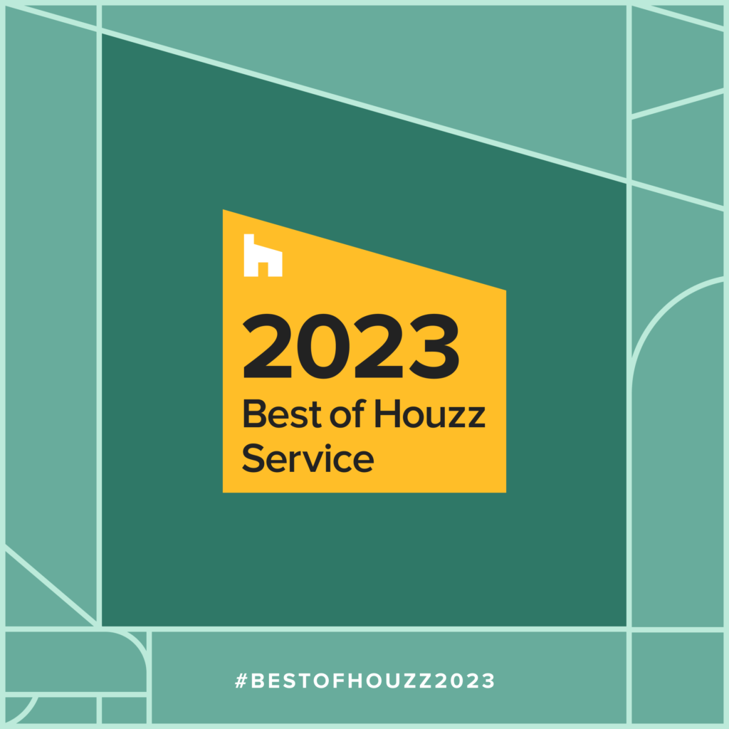 A geometric green background with a yellow badge reading "2023 Best of Houzz Service," perfect for decor inspiration in Issaquah, and "#BESTOFHOUZZ2023" at the bottom.