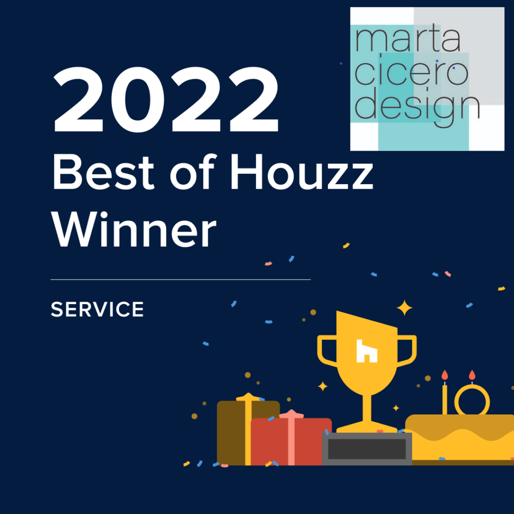 Graphic showing "2022 Best of Houzz Winner - Service" with Marta Cicero Design logo, a trophy, gifts, and confetti on a dark blue background—celebrating top decor and interior designer in Bellevue.