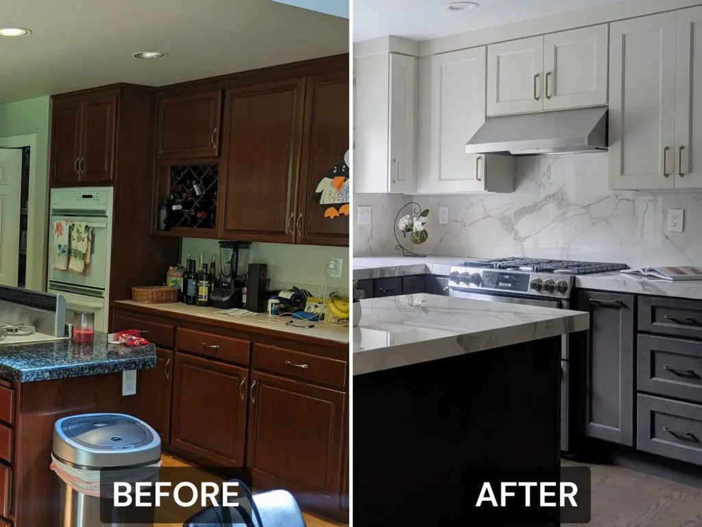 Split image showing a kitchen before and after renovation; the before side has dark wood cabinets, while the after side highlights light cabinets, modern appliances, and refreshed interior design in Issaquah.