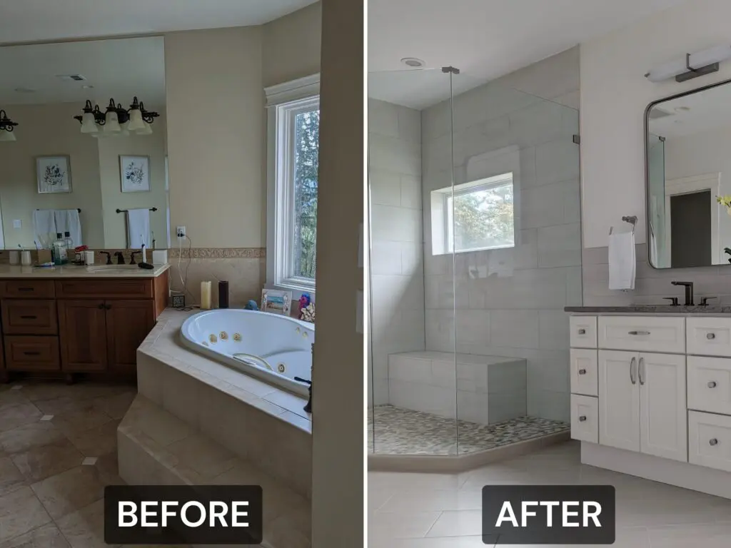 Side-by-side comparison of a bathroom before and after renovation in Issaquah, showing an upgrade from a dark tub area to a bright, modern shower and vanity with stylish decor.