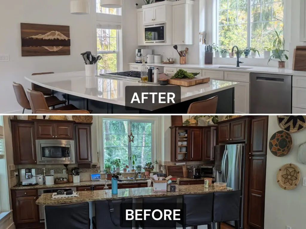 Side-by-side photos of a kitchen renovation in Bellevue; the "after" features bright, modern white decor, while the "before" shows dark wood cabinets and a busy countertop.