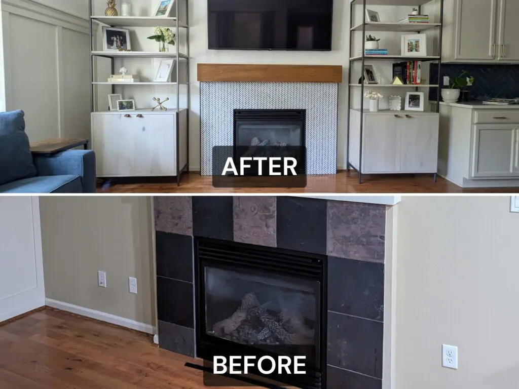 Side-by-side comparison of a fireplace before and after renovation by an interior designer in Bellevue; the "after" features updated tile, shelving, and decor, while the "before" shows a plain surround and bare walls.