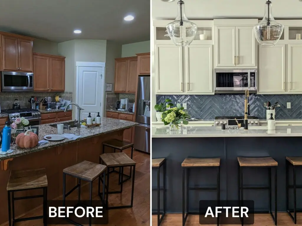Side-by-side photos of a kitchen before and after renovation in Issaquah; the old kitchen has brown cabinets, while the new features white cabinets, a blue backsplash, and stylish modern decor.