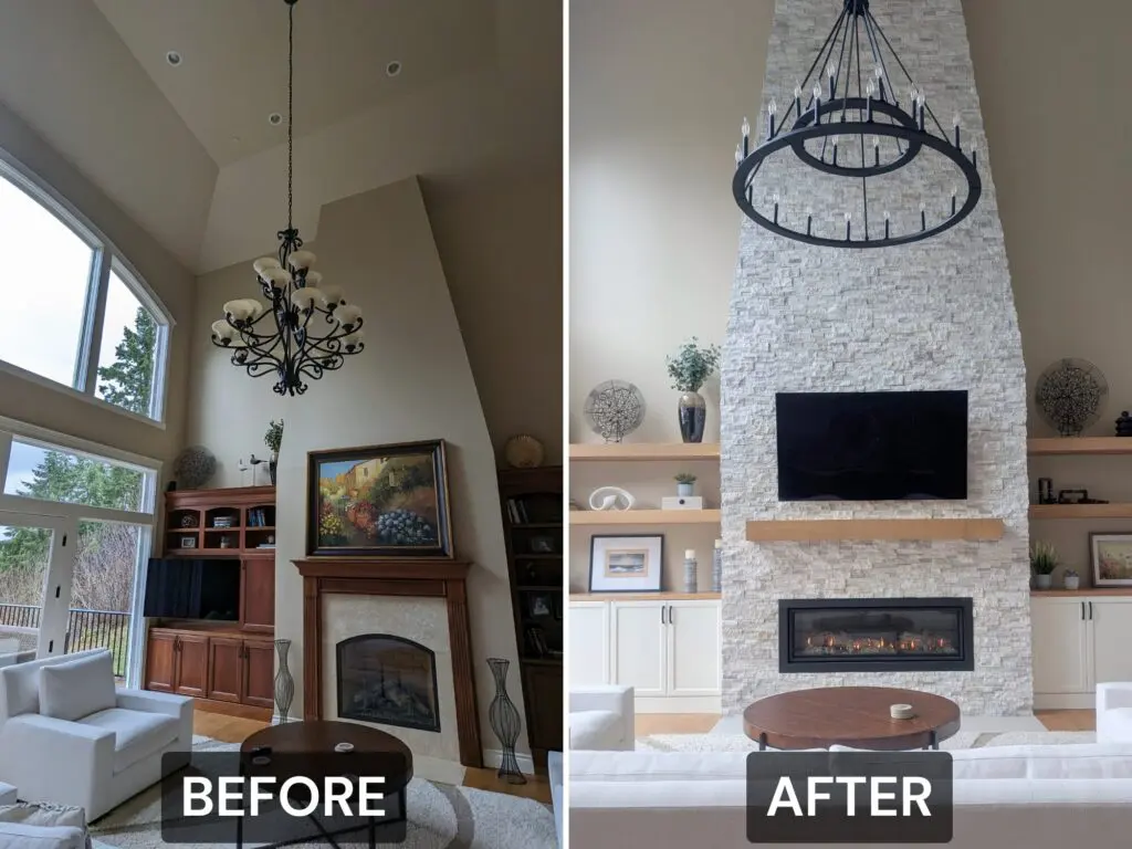 Side-by-side comparison of a living room before and after renovation, showcasing updated lighting, stone fireplace, built-ins, and modern decor—perfect inspiration for interior design in Issaquah.