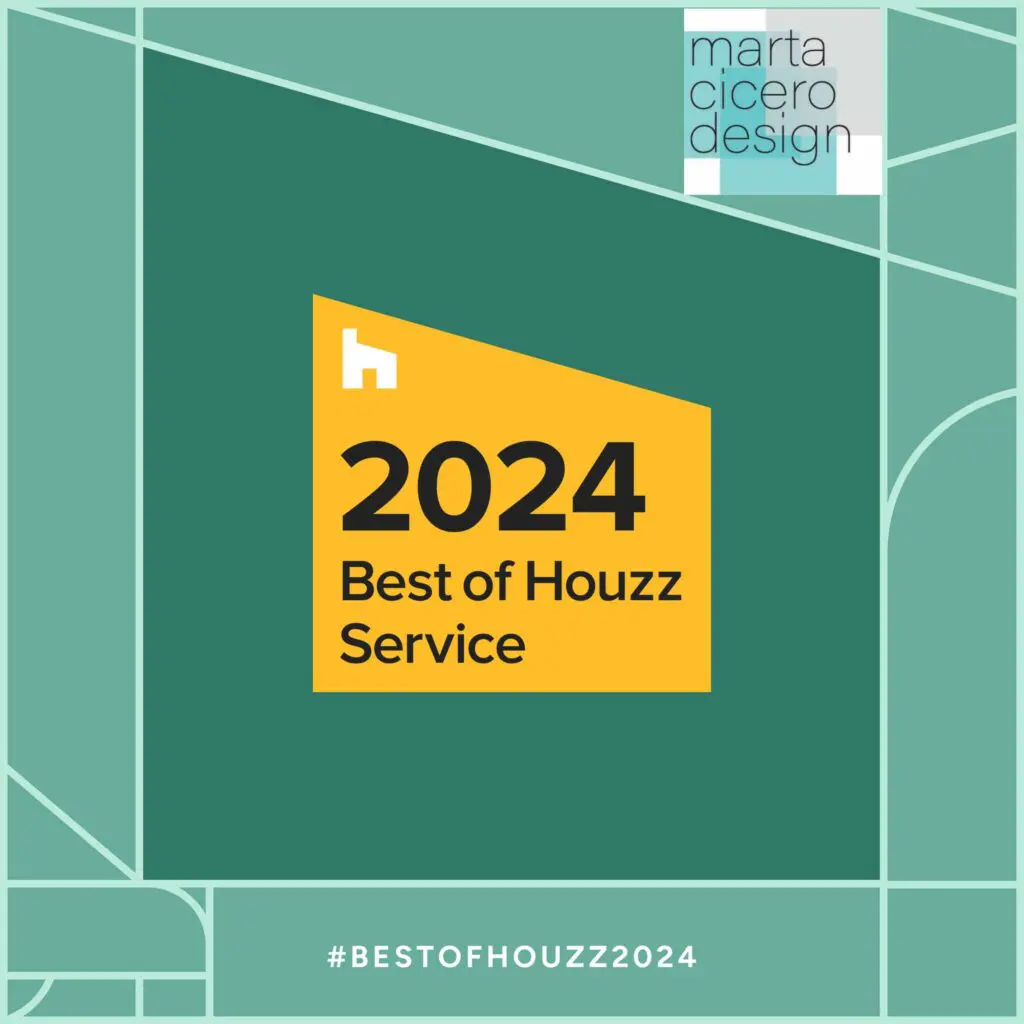 A geometric green and yellow graphic for interior designer marta cicero design, featuring "2024 Best of Houzz Service" and #BESTOFHOUZZ2024 at the bottom—in Bellevue or Issaquah.